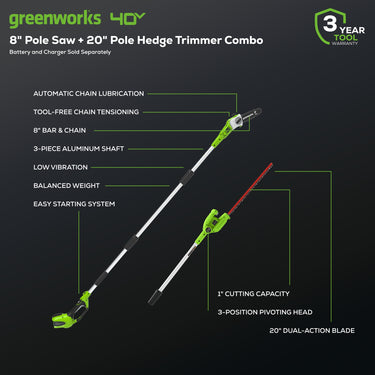 40V Cordless 8" Pole Saw with Hedge Trimmer Attachment Combo Kit (Tool Only)