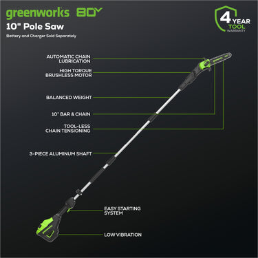 80V 10" Cordless Battery Pole Saw (Tool Only)