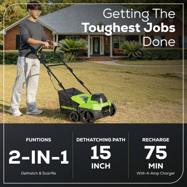 40V 15" Cordless Battery Brushless Dethatcher/Scarifier w/ 5.0Ah USB Battery and Rapid Charger