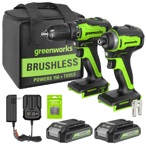 24V Brushless 1/2” Drill / Driver, 1/4” Hex Impact Driver, 8 pcs Bit Set & Bag Kit w/ (2) 2Ah Batteries & Charger.