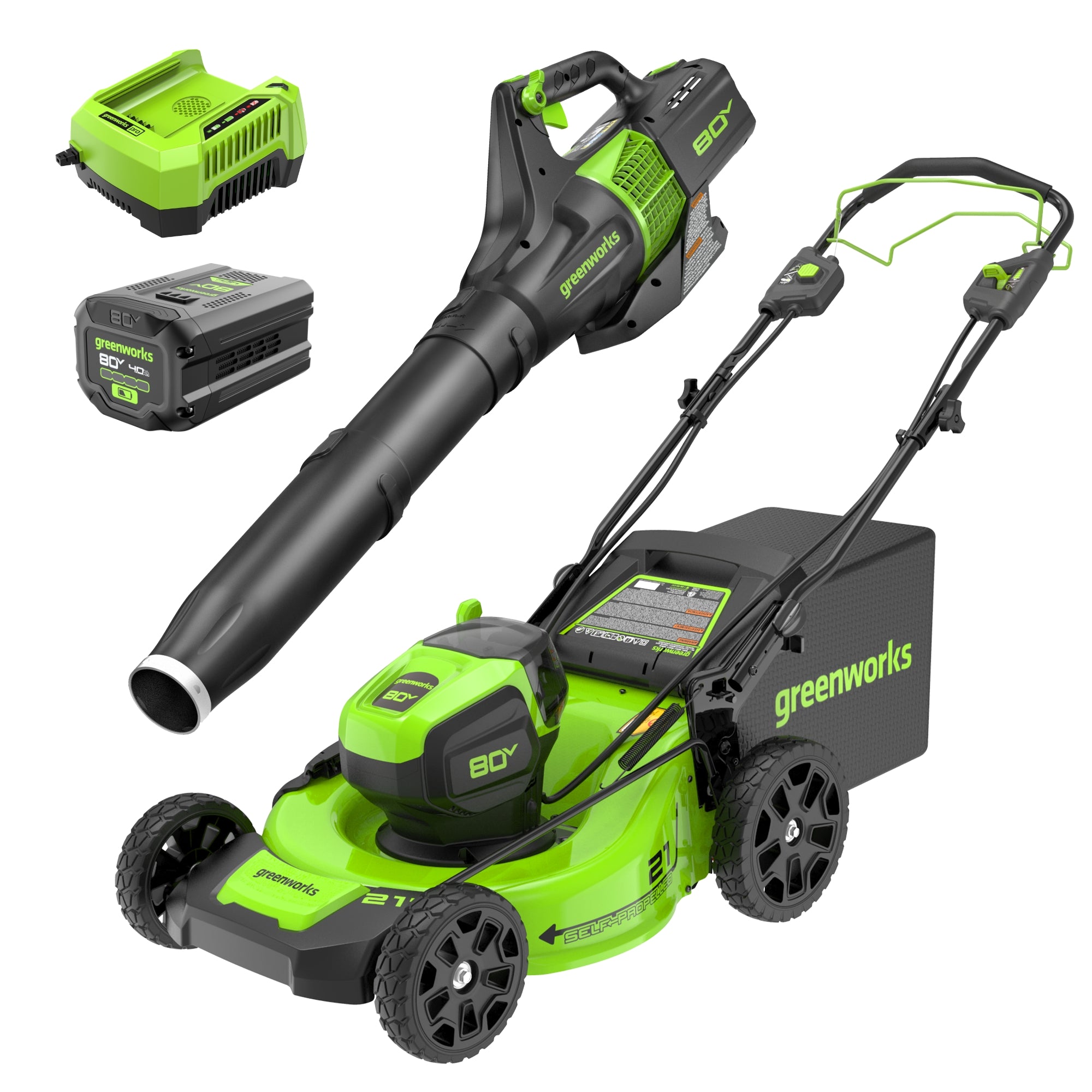 80V 21" Cordless Battery Self-Propelled Mower & Blower w/ 4.0Ah Battery & Rapid Charger