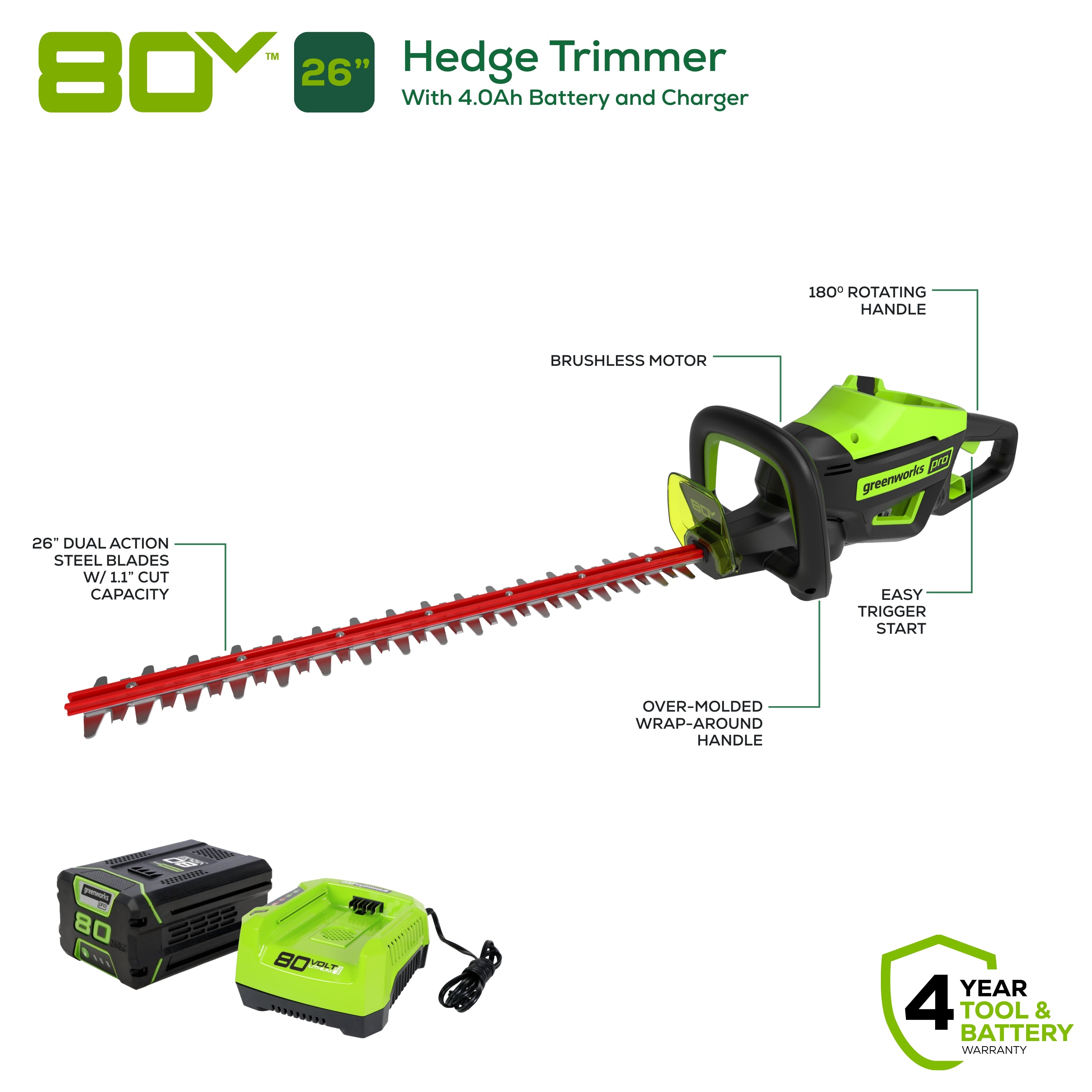 80V 26" Cordless Battery Hedge Trimmer(1.1" cut, 3200 SPM) w/ 2.0Ah Battery & Charger