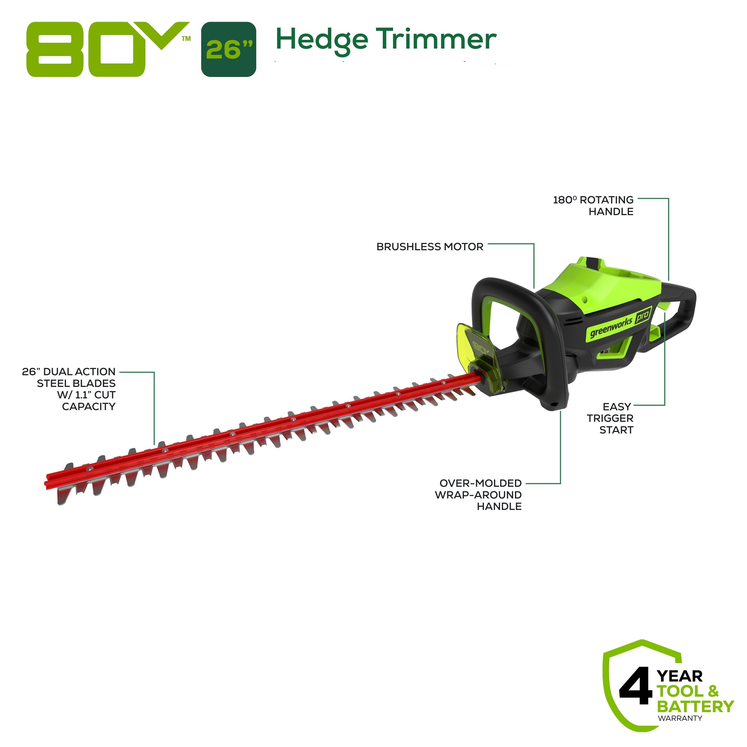 80V 26" Cordless Battery Hedge Trimmer(1.1" cut, 3200 SPM) w/ 2.0Ah Battery & Charger