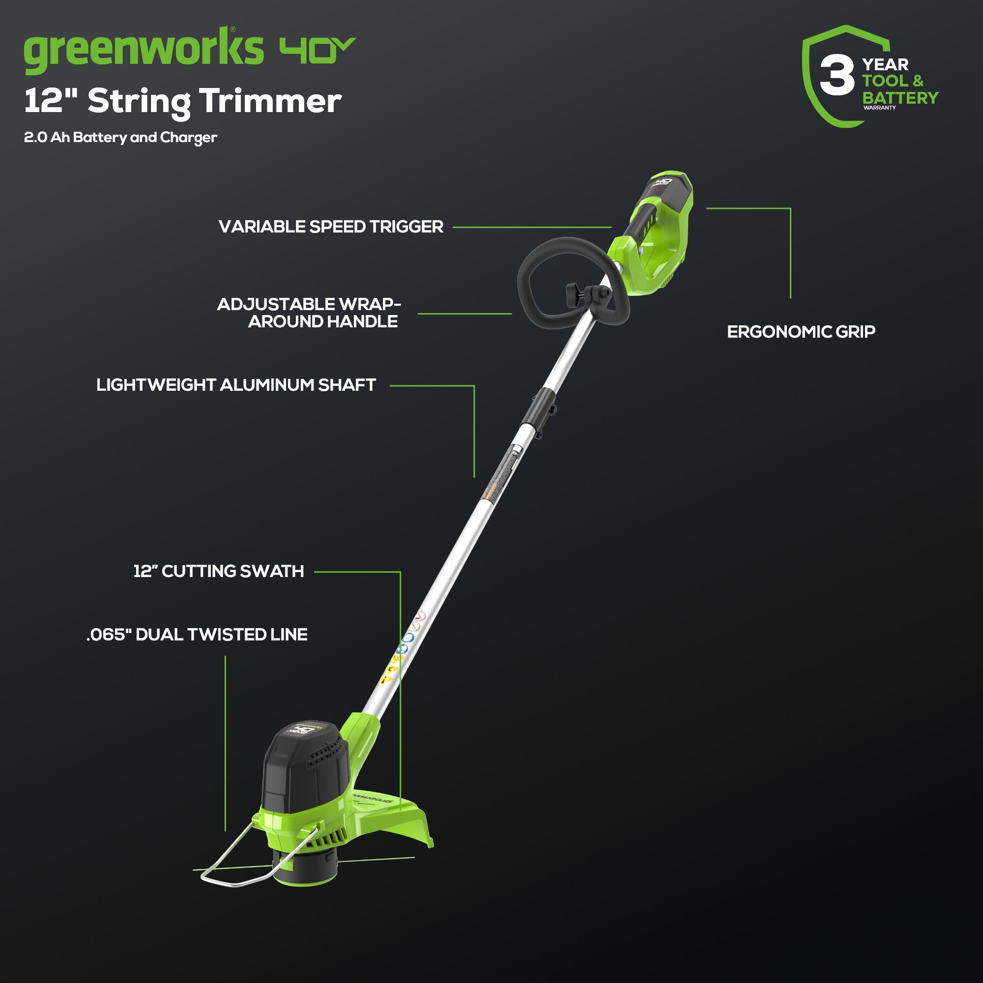 40V 12" Cordless String Trimmer and Leaf Blower Combo w/ 2.0Ah Battery