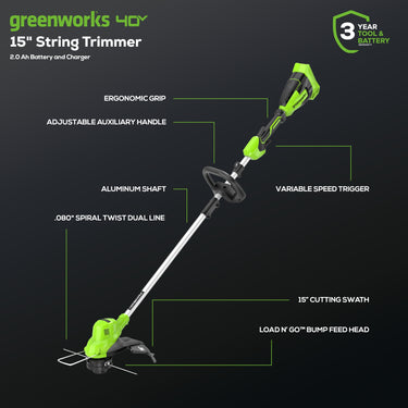 40V 15" Gen 2 Cordless String Trimmer w/ 2.0Ah Battery & Charger