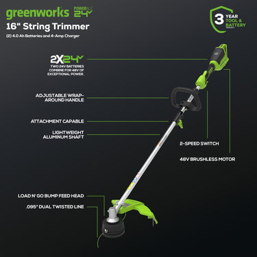 48V (2x24V) 16" Cordless Battery String Trimmer (Attachment Capable) w/ (2) 4.0Ah USB Batteries & Dual Port Charger