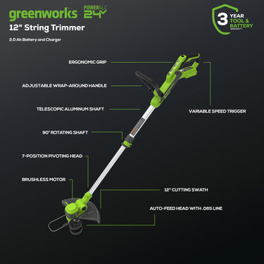 24V 12" Cordless Battery String Trimmer & Edger w/ 2.0Ah USB Battery & Charger