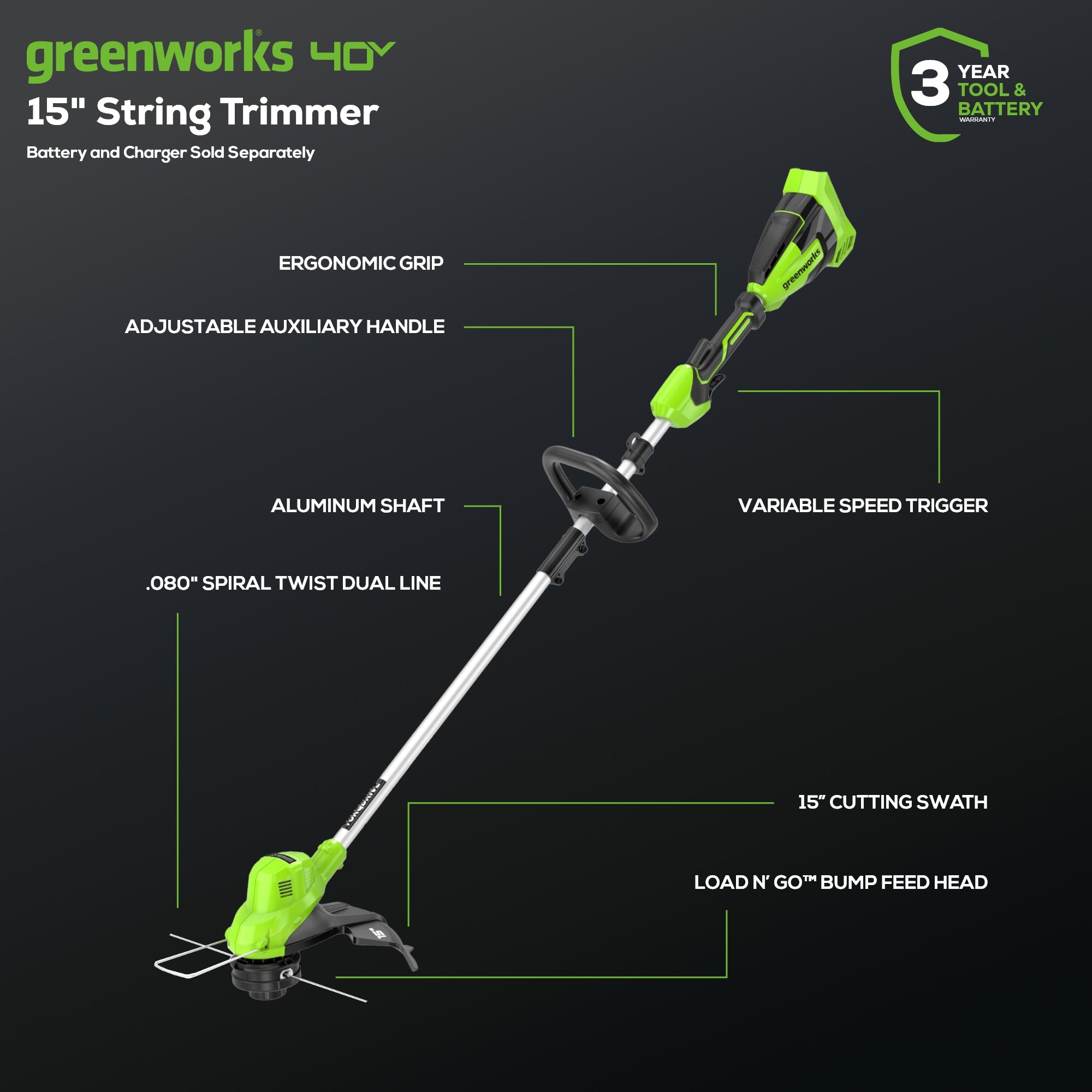 40V 15" Cordless Battery String Trimmer (Tool Only)