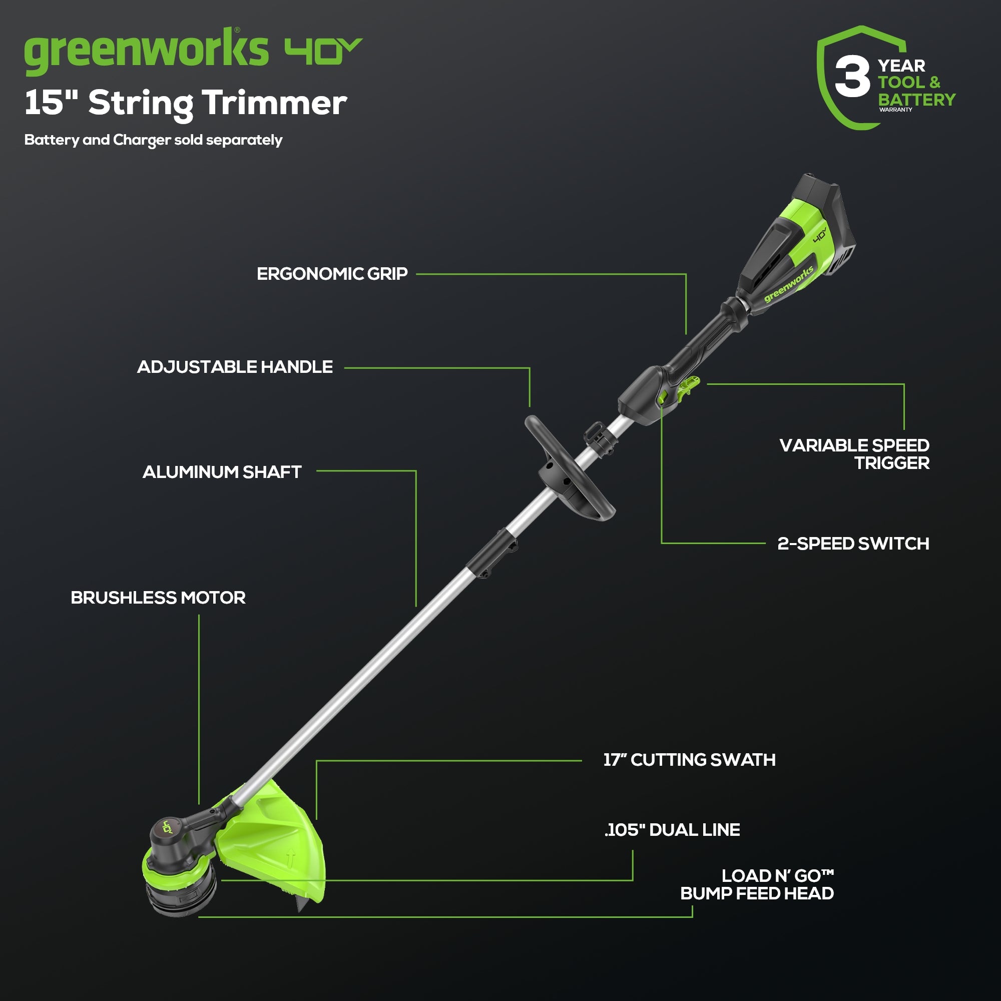 40V 17" Cordless Battery String Trimmer (Tool Only)