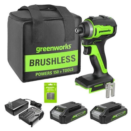 24V 1/4" 1950 in/lbs Brushless Impact Driver Kit (8-piece Bit Set and Tool Bag Included) w/ Two (2) 2Ah Batteries and Charger