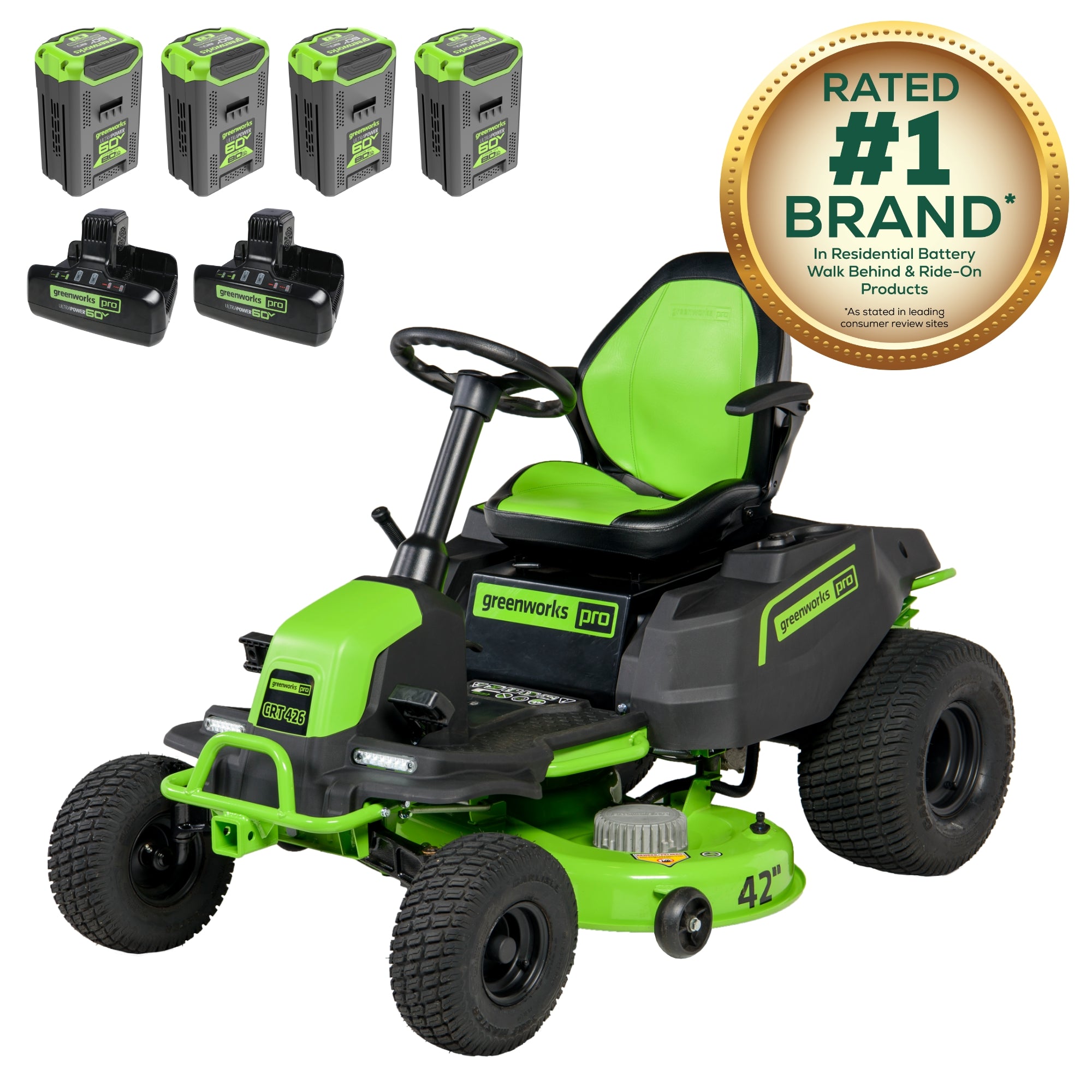 60V 42" Cordless Battery CrossoverT Riding Lawn Mower w/ Four (4) 8.0Ah Batteries and Two (2) Dual Port Turbo Chargers