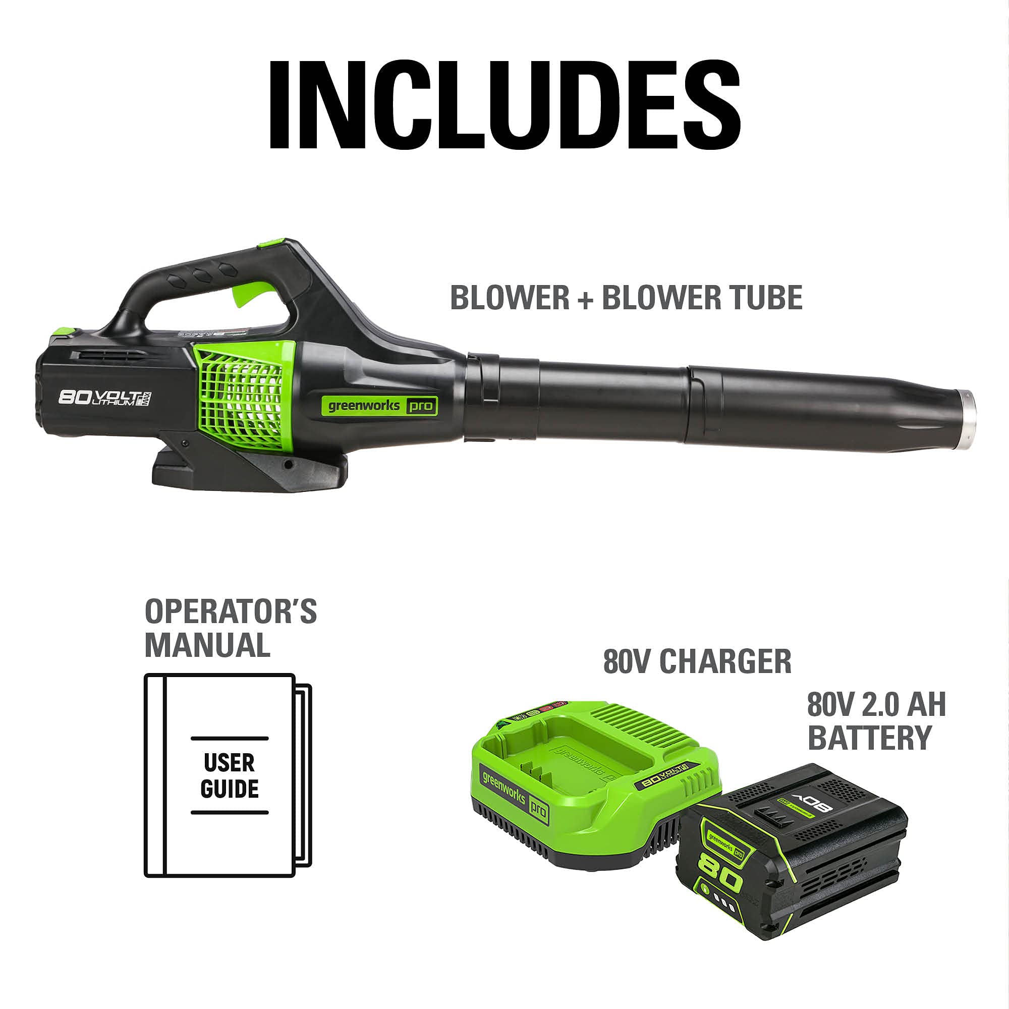 80V Cordless Battery Brushless Axial 500 CFM Leaf Blower w/ 2Ah Battery and Charger