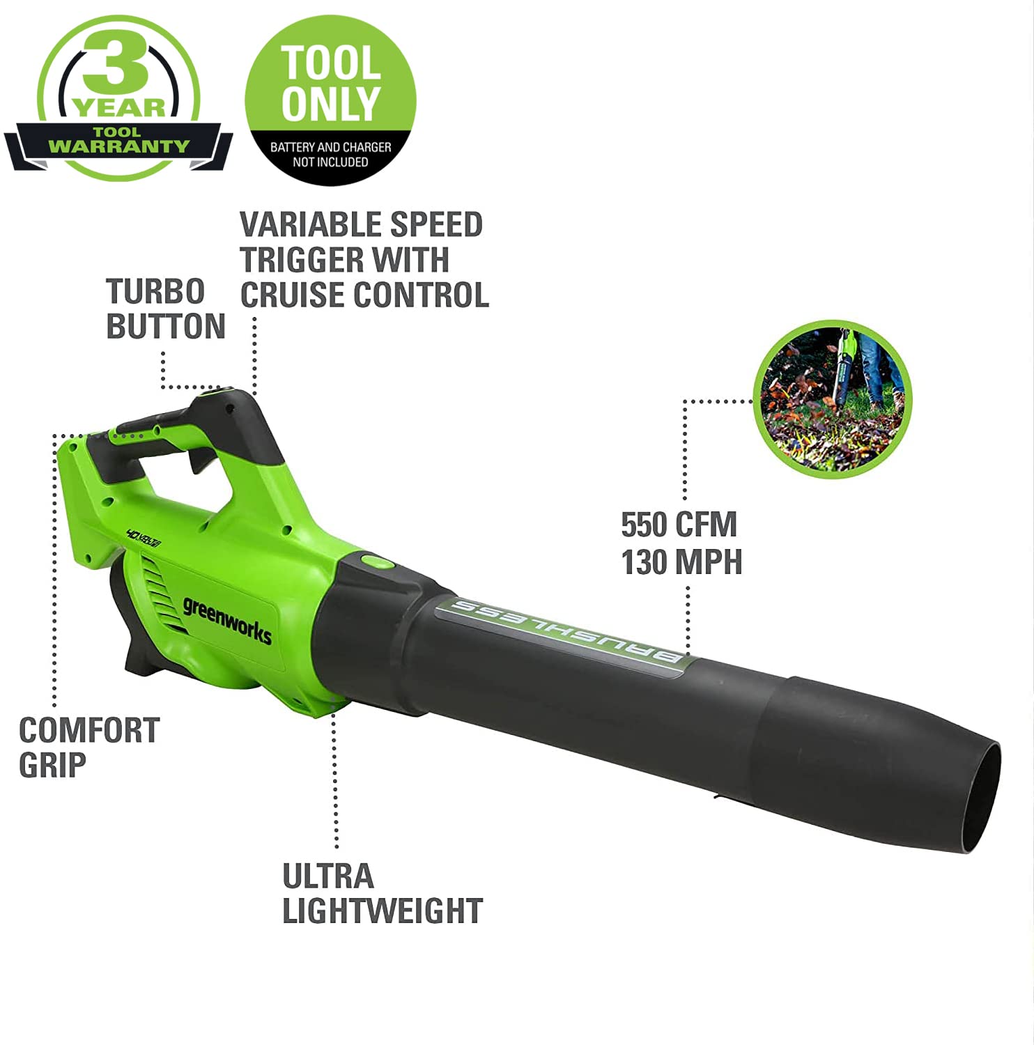 40V 550 CFM Cordless Battery Leaf Blower (Tool Only)