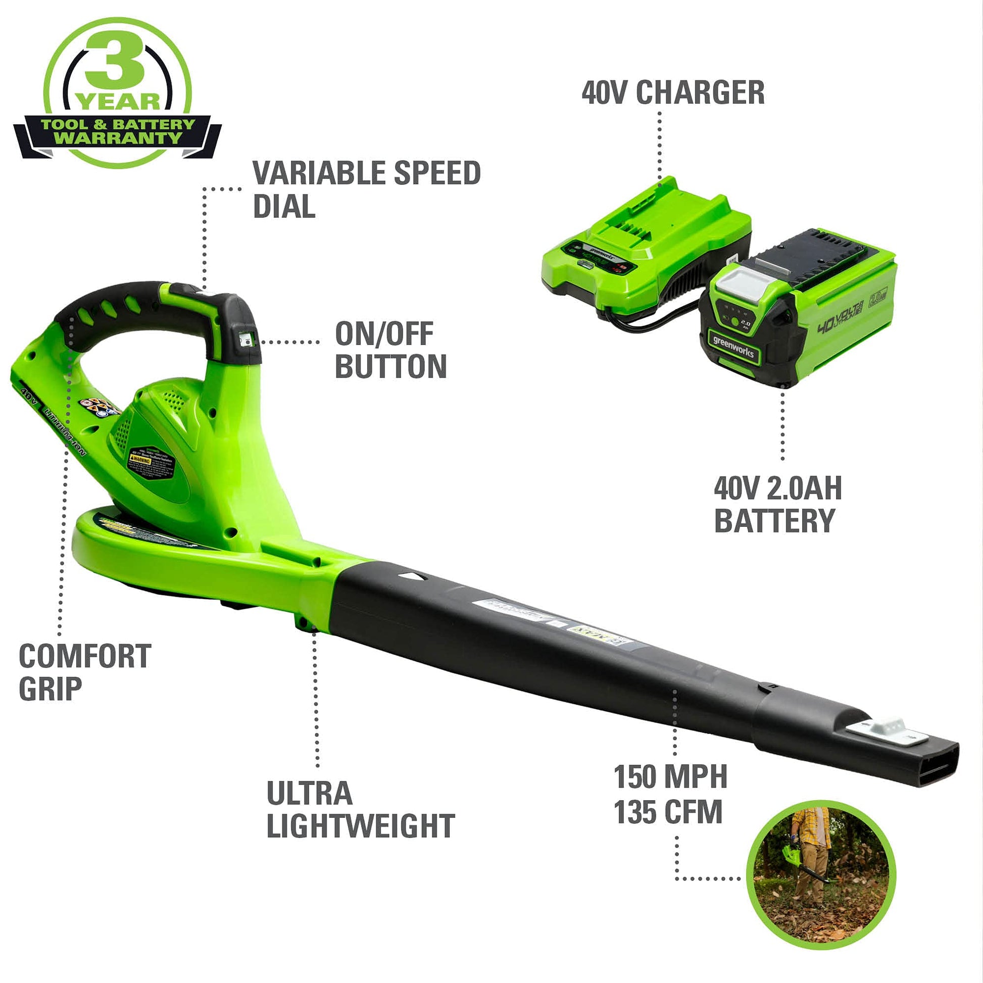 Souffleur/aspirateur à feuilles sans fil Axial Greenworks batterie  lithium-ion, 40 volts, 340 pcm 2415002CA