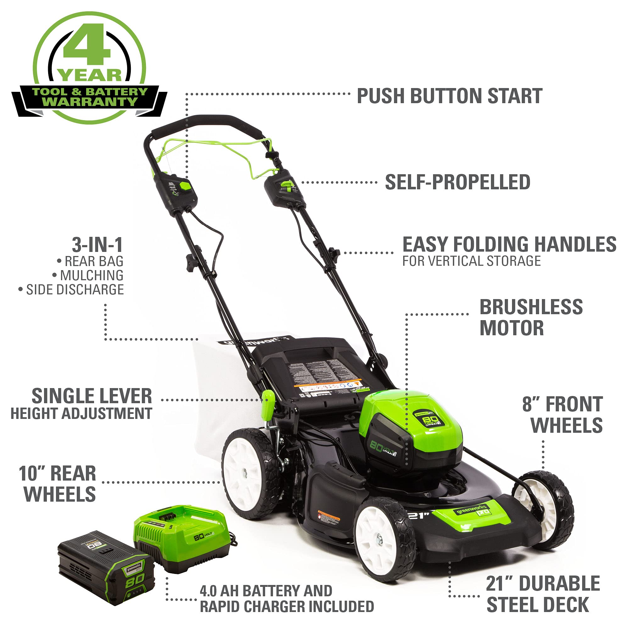 80V 21" Cordless Battery 3-in-1 Self-Propelled Lawn Mower w/ 4.0Ah Battery & Charger