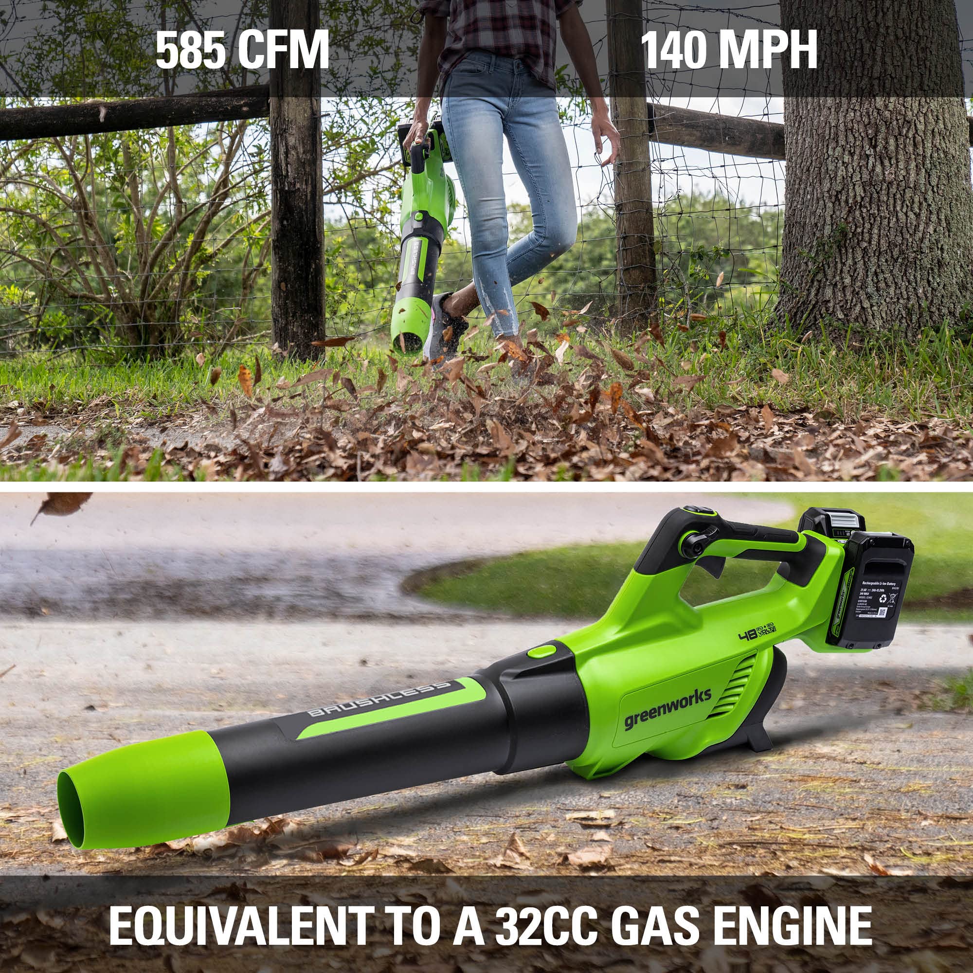 48V (2x24V) 585 CFM Cordless Battery Leaf Blower & Gutter Cleaning Kit w/ (2) 4.0 Ah USB Batteries & Dual Port Charger