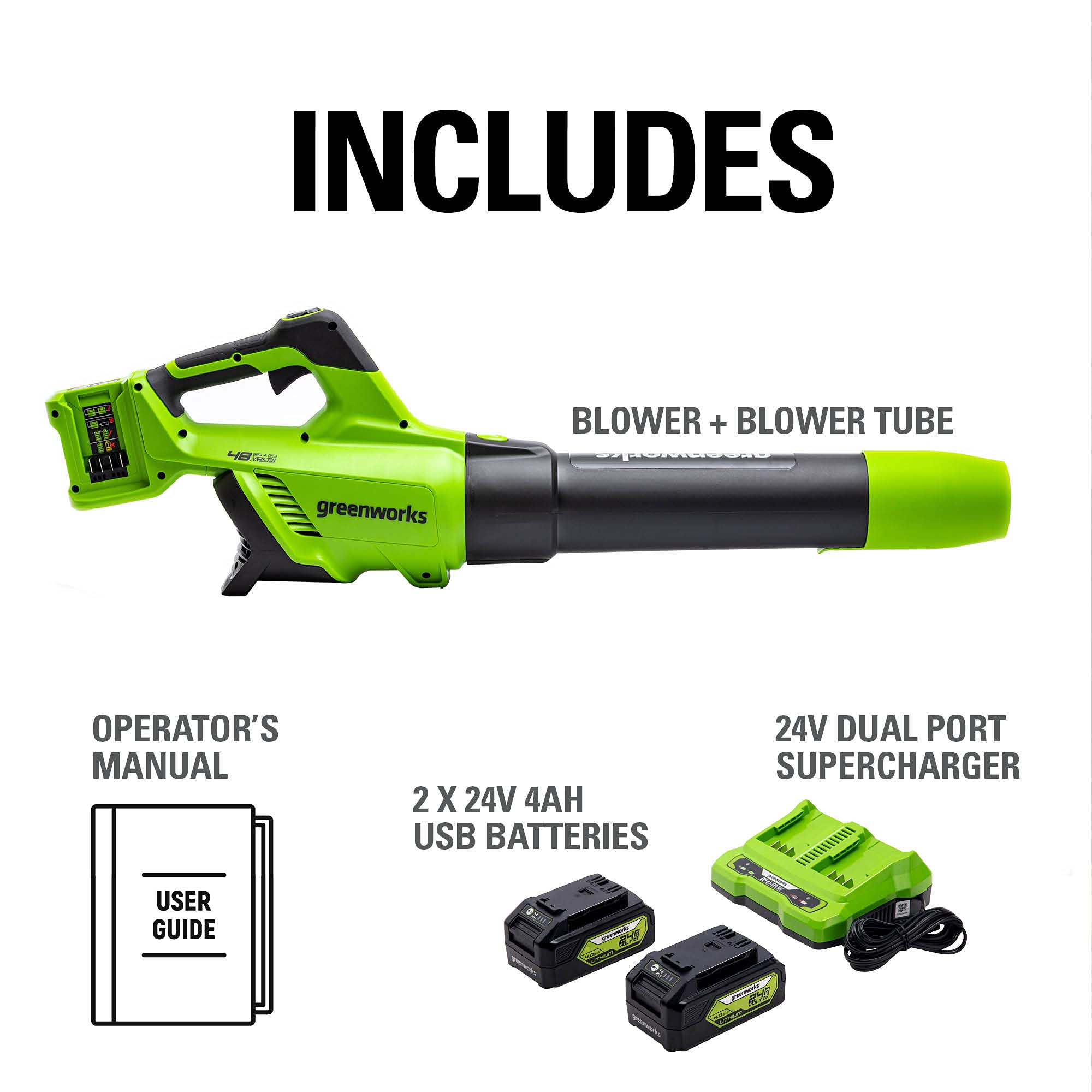 48V (2x24V) 585 CFM Cordless Battery Leaf Blower & Gutter Cleaning Kit w/ (2) 4.0 Ah USB Batteries & Dual Port Charger