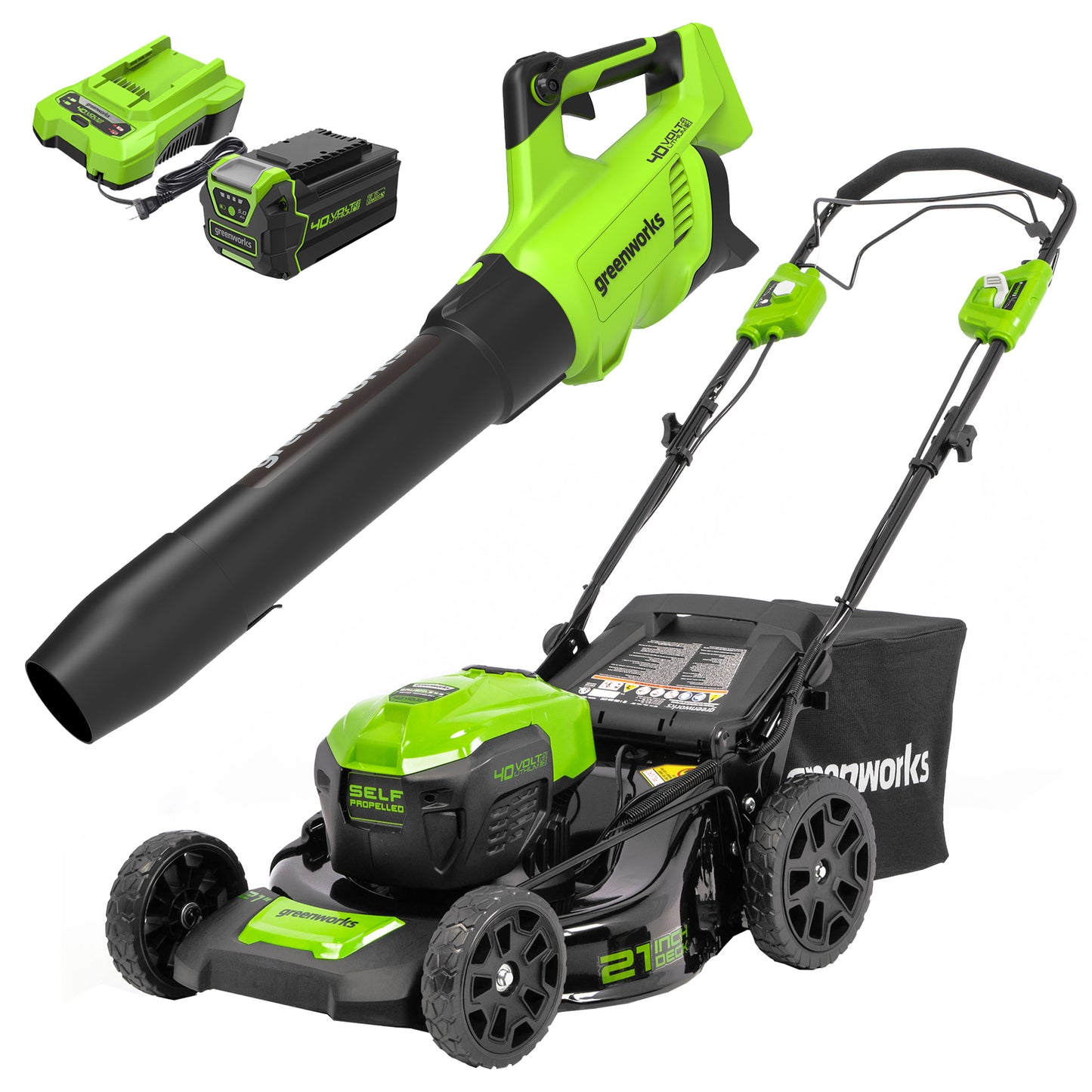 greenworkstools-40V 21 Self-Propelled Mower/Axial Blower Combo Kit w/ 5.0Ah USB Battery & Charger