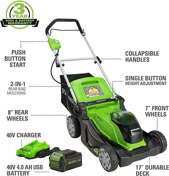 40V 17" Push Mower, 13" String Trimmer & 390 CFM Blower Combo Kit w/ 4.0Ah Battery & Charger