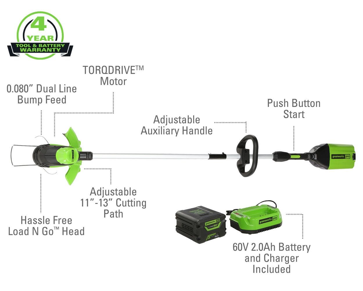 greenworkstools-60V 16'' String Trimmer & 10-Inch Cultivator Attachment Combo Kit w/ Battery, & Charger | Greenworks Tools