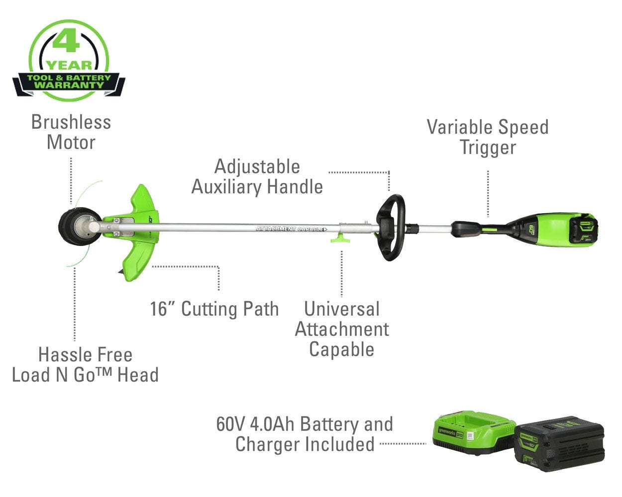 60V 16" Cordless Battery String Trimmer (Attachment Capable)& 10" Cultivator Attachment Combo Kit w/ 4.0 Ah Battery & Charger