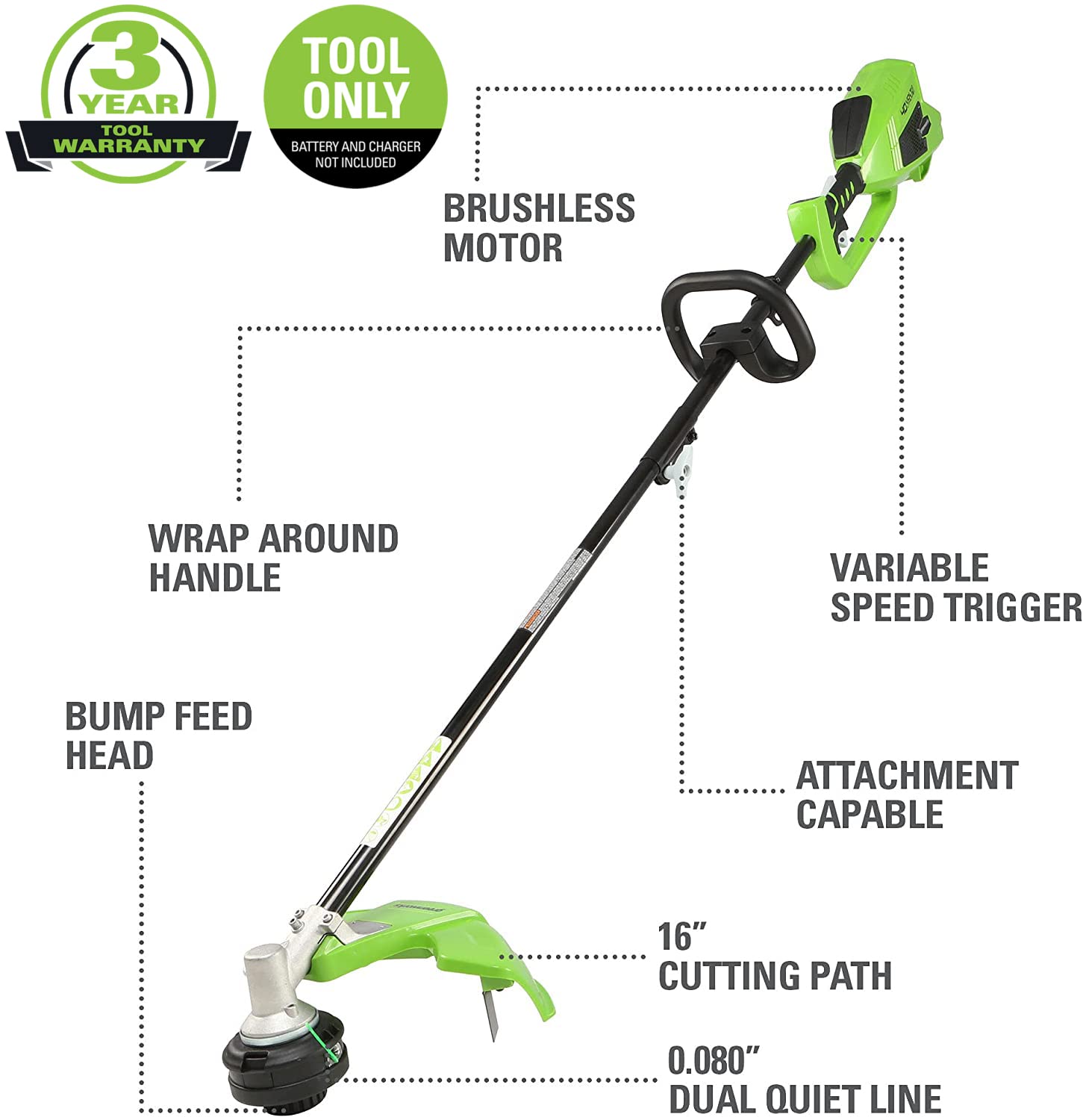 40V 16" Cordless Battery Brushless String Trimmer (Attachment Capable) (Tool Only)